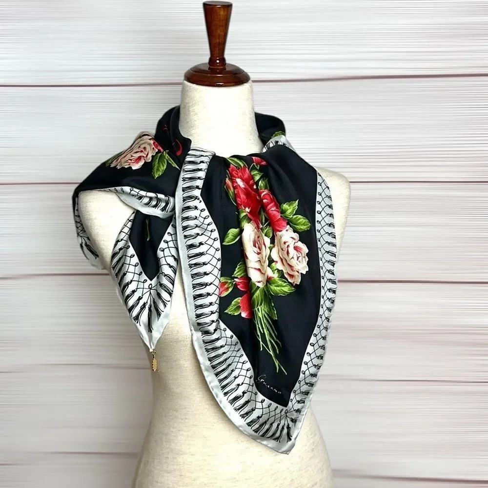 Lulu Guinness Silk Scarf “Life is a Bed of Roses” Black Floral Print Hand Rolled